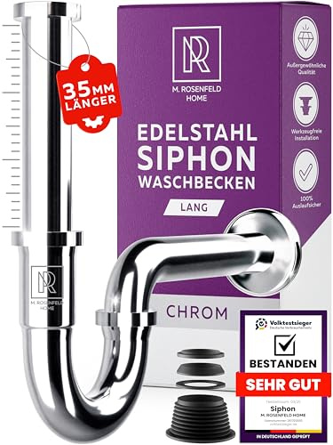 M. ROSENFELD HOME Sifone per lavandino 1 1/4 Taglia L – Sifone a tubo regolabile in altezza 85–110 mm – Chiusura antiodore in acciaio inox – Tubo di scarico per bagno e WC degli ospiti – incl