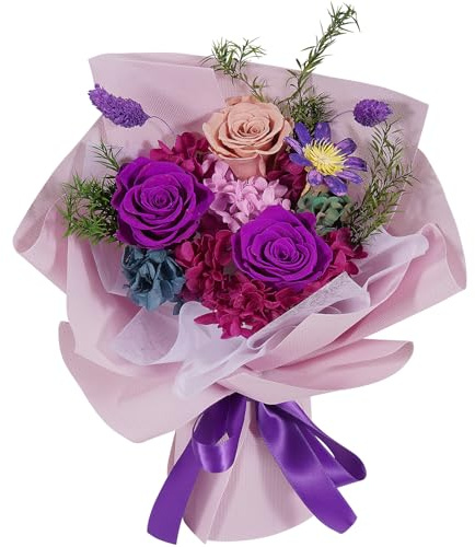 Lovionus89 Rosen-Konservierter Blumenstrauß, Handgefertigte Langlebige Blumenarrangements, Premium Blumenlieferung für Valentinstag, Hochzeiten, Geburtstage, Jubiläen & Muttertag, Lila