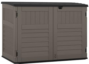 Suncast 5.9 ft. x 3.7 ft Horizontal Stow-Away Storage Shed - Natural Wood-Like Outdoor Storage for Trash Cans and Yard Tools - All-Weather Resin, Hinged Lid, Reinforced Floor - Made in The USA