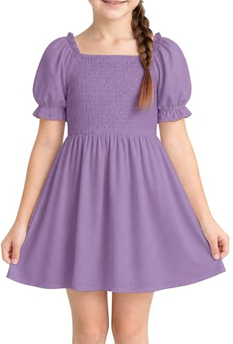 KISLOVE Vestito estivo da bambina con scollo quadrato, con maniche a sbuffo, gonna svasata per bambini, tinta unita, casual, festa di compleanno, matrimonio, 4-14 anni, Viola, 4-5 Anni