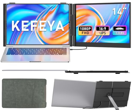 KEFEYA - Laptop Screen Extender, 14 inch FHD 1080P Portable Monitor for Laptops, 0.2 inch Ultra-thin Laptop Monitor Extender for 13-17 Inch with Port