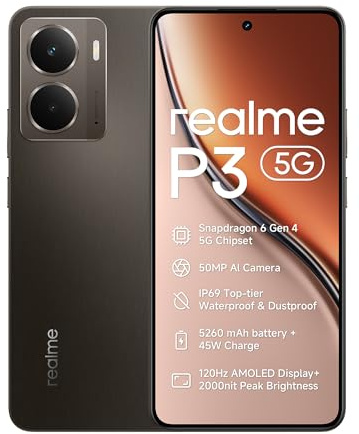 realme P3 5G Mobile phone 12+512GB Smartphone, 120Hz Amoled Display IP69, 2000nit peak Brightness, 5260mAh 45W SUPEROOC Charge, Snapdragon 6 Gen 4, Mocha Gray