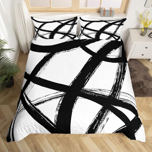 Homewish Schwarz-Weiß Bettbezug,Abstrakte Gestreifte Geometrische Bettwäsche Set 135x200,Moderne Zeitgenössische Bett Set,Neutrale Ästhetik Bettbezug Zimmer Dekoration mit 1 Kissenbezug
