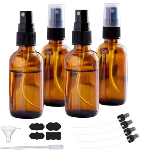 YUNFOOK 2oz Amber Glass Spray Bottles for Essential Oils, Hair, Skincare, Cleaning & Travel,4-Pack Small Empty Spray Bottle