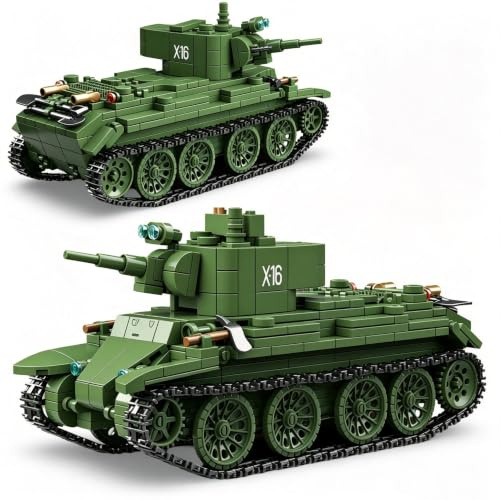 PlaySynthe Technik Panzer Bausteine Bausatz, 675 Teile BT-7 Schnell Panzer Klemmbausteine, WW2 Militär Gepanzertes Fahrzeug Bausateine Modell, Geschenke für Militärfans und Erwachsene
