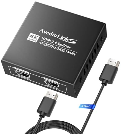 HDMI Splitter 1 in 2 Out mit 4ft hdmi Kable, 4K@60Hz HDCP Bypass HDMI Audio Splitter für TV and Soundbar, unterstützt Down Scaler 4K & 1080P Dual Monitors Sync, 2K@144Hz Dobly Vision/Atmos