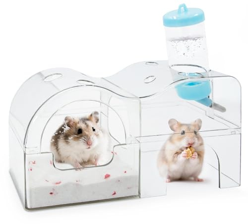 Multi-Functional Hamster Sand Bath Container with Water Bottle & Hideout, Transparent Hamster Dig Box for Easy Observation, Covered to Prevent Sand Spill, Chew Resistant Tough Acrylic Gerbil Sand Bath