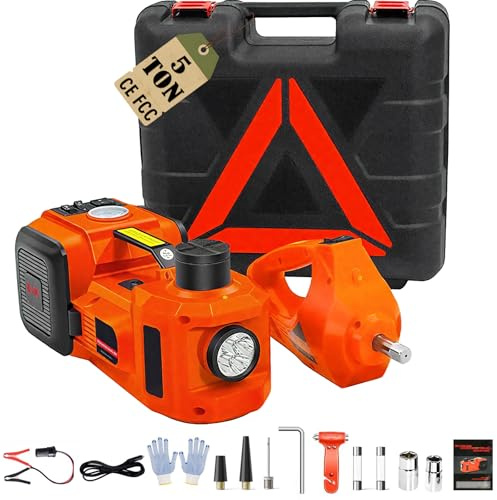 Warmfay Elektrischer Wagenheber 5T, 12V Hydraulischer Wagenheber 155-450mm mit Aufblasbarer Pumpe, LED-Licht und Schlagschrauber, Tragbares Elektrowagenheber Notfallset für SUV, MPV, Limousine, LKW