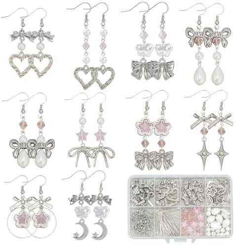SUNNYCLUE gör-det-själv 10 par örhängen tillverkning kit rosett örhängen för kvinnor rosett berlocker, söta örhängen för kvinnor trendiga 2025 mode silver hjärta stjärna smycken set jul vuxna bröllop