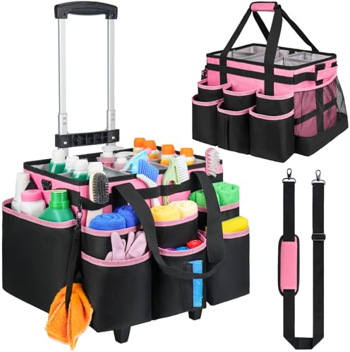 ZIOZERTT Large Rolling Cleaning Caddy Bag with Detachable Trolley,Cleaning Cart on Wheels with Shoulder Strap,Cleaning Supplies Organizer for Housekeepers,PInk