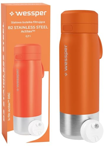 Wessper Botella de acero con filtro de agua 700 ml, SIN BPA, botella termica agua con filtro de disco, ideal para deporte, para ciclismo, fitness- Naranja