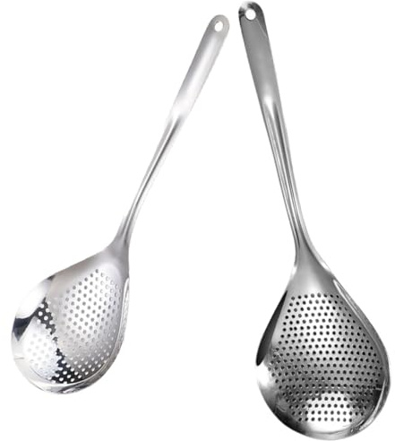 BESPORTBLE Lot de 2 Cuillères Passoire en Acier Inoxydable, Petites et Grandes, Ustensiles la Cuisine Inox Professionnel Poignée Ergonomique, Passoire à Pâtes, pour Friture et Filtration