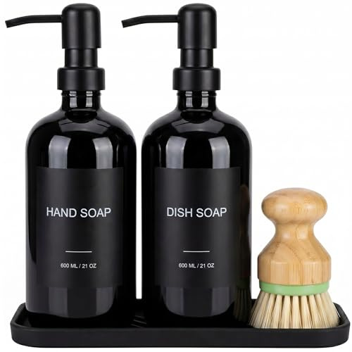 Hand & Dish Soap Dispenser with Dish Brush, Washing Up Liquid Dispenser Set 600ml, PET Plastic Bottle with Stainless Steel Pump, Silicone Tray & 8 Waterproof Labels for Kitchen Sink (Black)
