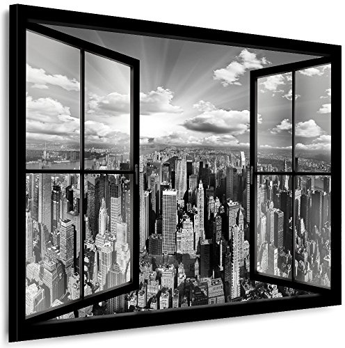 Julia-Art Leinwandbilder Skyline - New York Bilder - XXL Wandbild mit Keilrahmen - 120 mal 80 cm - Querformat 1 teilig Kunstdrucke Stadt NY City Statue, Brücke Fensterblick N-c-100-a-6