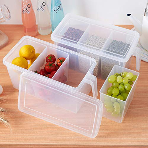 MineSign Paquete de 2 recipientes de plástico divididos para almacenamiento de verduras con tapas y asas para nevera, cajas organizadoras para refrigerador, productos, frijoles, frutas