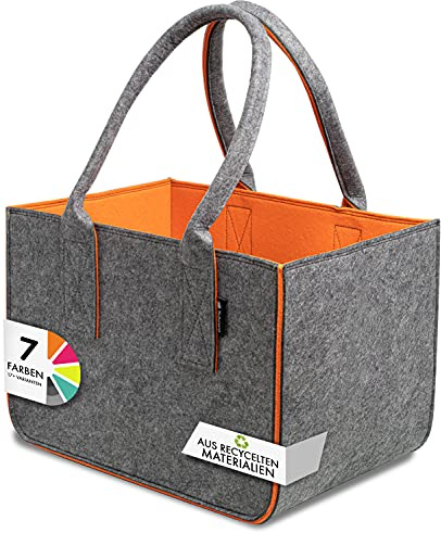 Shopping Bag aus Filz, große Einkaufs-Tasche mit Henkel, Einkaufskorb, faltbare Kaminholztasche zur Aufbewahrung von Holz, vielseitige Tragetasche auch zur Spielzeug Aufbewahrung (dunkelgrau/orange)