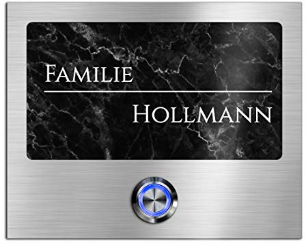 Premium Designer Türklingel mit Namen - Wunschtext | LED-Klingelknopf 15x12 cm | Modell: Hollmann - beschriftete Klingel aus Hochglanz Acrylglas und Edelstahl Klingelschild Taster beleuchtet