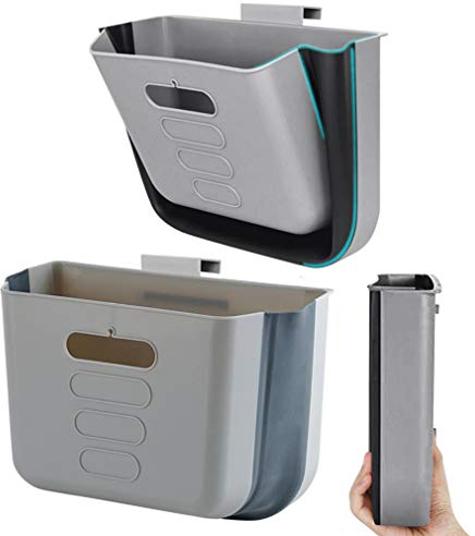 Hanging Kitchen Waste Bin Small Trash Can Foldable Plastic Dustbin Portable Cabinet Rubbish Bin Wall Mounted Garbage Trash Bin for Kitchen Cupboard Door Bathroom Bedroom Office Car Dorm (Grey)
