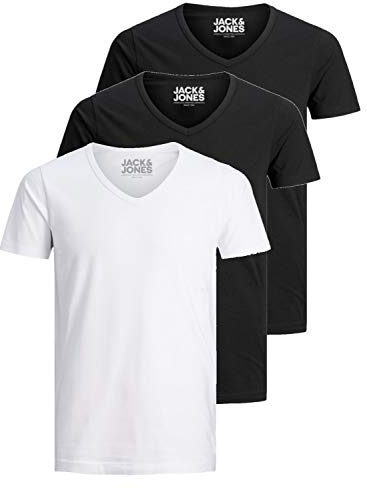 JACK & JONES - Camiseta básica para hombre, cuello de pico, paquete de 3 unidades, color liso, corte ajustado, en blanco, negro, azul y gris, L