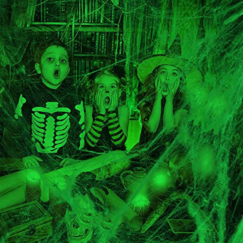 HOWAF 350g Fuorescenti Halloween Ragnatele Decorazioni Estensibile Copertina 1165 Piedi Quadrati, Fosforescenti Ragnatele Finte per Halloween Esterno Casa Decorazioni Forniture Giardino Interno