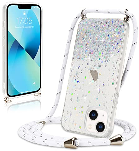 Wirvyuer Handyband Hülle für iPhone 13 Handyhülle mit Kordel Glitzer Schutzhülle mit Band zum Umhängen Halskette Silikon Case mit Schnur für iPhone 13 Transparent