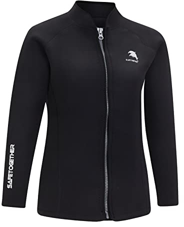 Våtdräkter jacka kvinnor 2 mm neopren toppar surfdräkt toppar jacka långa ärmar framdragkedja simning surfkostymer toppar dykjacka (2XL, svart)