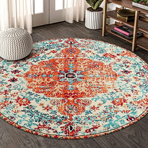 Lahome Bohemian Floral Medallion Round Rug - Soft Carpet for Bedroom 6 Feet Distressed Oriental Washable Entrance Hall Non-Slip Rug for Dining Room Living Room Bedside