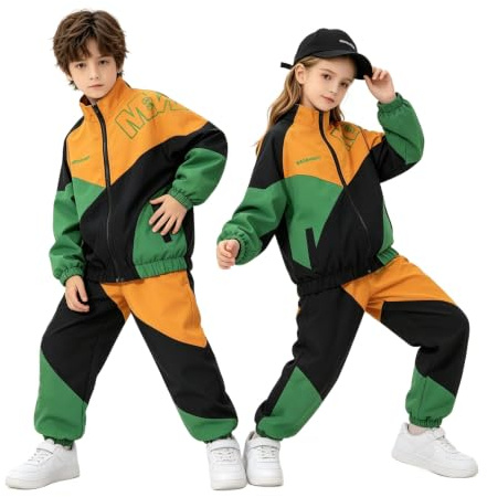 LOLANTA Unisex Hip Hop set för pojkar och flickor, 2-delat streetdanskläder, sportjacka och joggingbyxor för gatudans eller daglig användning, grön, 12-13 años