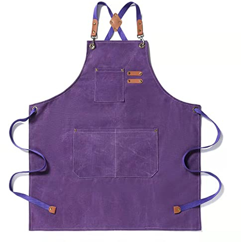 Tosewever Kochschürzen aus Segeltuch mit überkreuzter Rückseite, für Herren und Damen, mit großen Taschen, Lila, Größe M