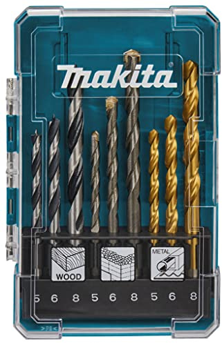Makita D-71962 Drill Bits Set of 9 with Case, 3 Drill Bits for Ironwork, 3 Drill Bits for Woodworking, 3 Drill Bits for Concrete