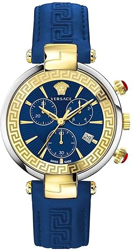 Versace Damenarmbanduhr mit Quarzuhrwerk und blauem Lederarmband, Gehäuse aus Edelstahl, analoges Display in Blau - VE2M00221