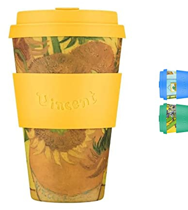 Ecoffee Cup 14oz 400ml Van Gogh Collection Reusable Eco-Friendly 100% Plant Based Coffee Cup with Silicone Lid & Sleeve - Melamine Free & Biodegradable Dishwasher/Microwave Safe Travel Mug, Sunflowers