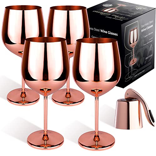 Mosscoff Weinglas aus Edelstahl, 4er-Set – Kupfer- und Kupfer Kollektion – 530ml, unzerbrechliche Weingläser mit Weinverschluss – tragbares Weinglas aus Metall