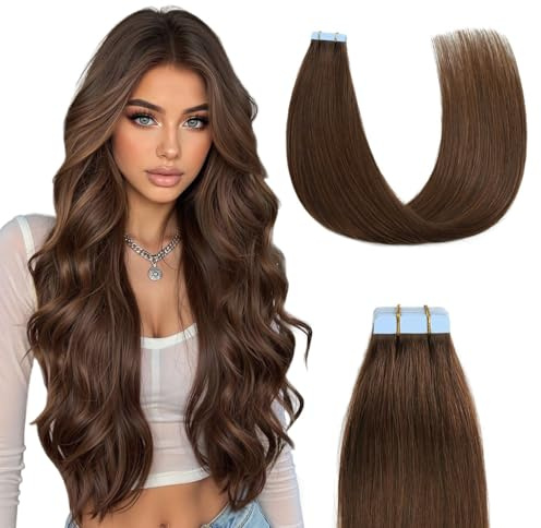 Sunya Tape Extensions Echthaar Schokoladenbraun Tape in Extensions Echthaar Haarverlängerungen Invisible Glatte Skin Weft Natürlich Klebstoff Tape in Hair Extensions 30cm 20 Stück 40g/Pack
