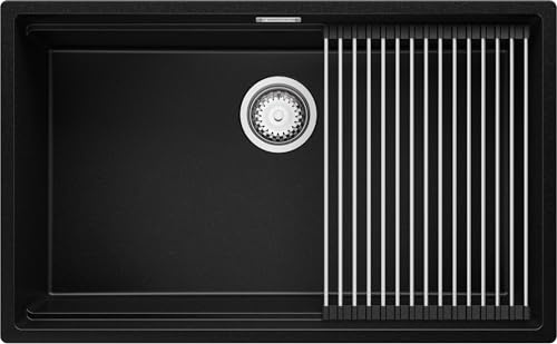 PRIMAGRAN Evier Cuisine en Granit au Meuble 80cm + Kit de Vidage, 76x47cm | Set: Kit de Vidage (Siphon, bonde d’évacuation, trop-plein) + Égouttoir Enroulable + Lavabo 1 Bac - Prague Level Slim, Noir