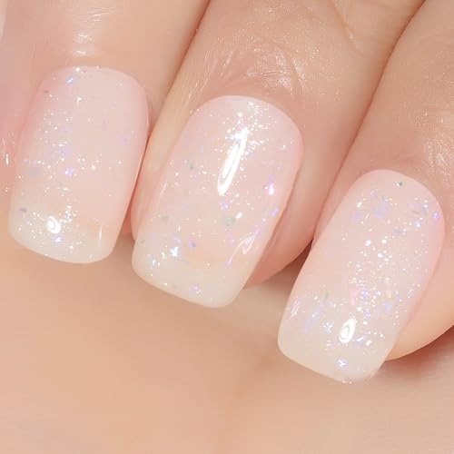 YTD Likomey Brokat Glitzer Nude Schillernder UV Gellack Nagellack,15ml Milchig Weiß Schimmern Gelee Transluzent Neutral Holografisch Glitzernde Nagelgel Maniküre Gel Nail Polish,SF347