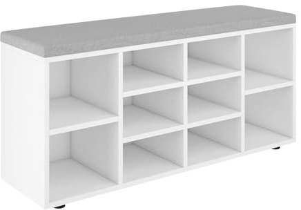 SoDREAMER Schuhbank, Schuhregal, Schuhaufbewahrung, Sitzbank mit Polsterung weiß-grau 104x44x30 cm | Schuhregal, Schuhaufbewahrung, Sitzbank mit 10 Fächer | Für den Eingangsbereich, Flur, Schlafzimmer