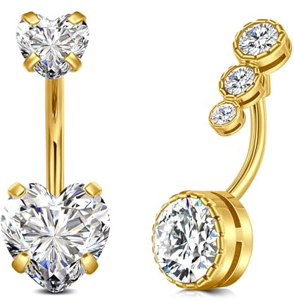 FECTAS 2 Pezzi Barre per Ombelico Cuore Dangle Barre per Ombelico Cuore Anello per Ombelico Acciaio Inossidabile 14G Gioielli per Piercing all'ombelico per Le Donne 10mm Oro