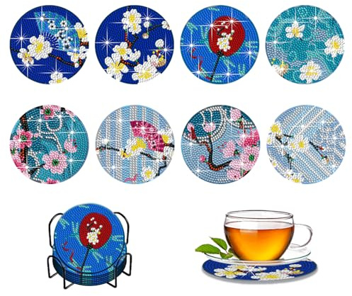 Diamond Painting Untersetzer, 8 Stück DIY 5D Diamond Art Painting Gläser Untersetzer mit Halter, Erwachsene Basteln Diamant-Malsets für Tassen Vasen Kerzen Küche Wohnzimmer Dekoration Bunt