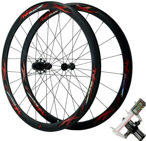 LSRRYD 700C Laufradsatz Rennrad Räder Felgenbremse Lagernaben Kohlefaser Schnellspanner 40MM Aluminium Felgen Kassette 8 9 10 11 12 Gang (Color : Black-Red, Size : 700C)