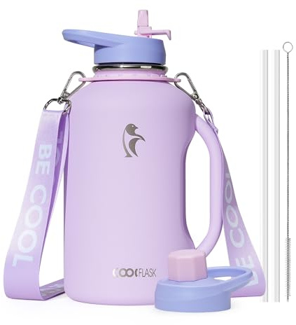 Coolflask Botella de agua de medio galón con popote, jarra de agua aislada de acero inoxidable de 64 onzas con asa de metal de doble pared al vacío termo grande con correa a prueba de fugas, mantiene