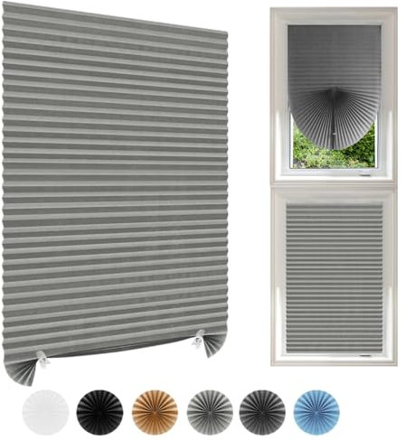 Temporary Blinds Stick On Cut to Size Non-woven Fabric No Drill Self Adhesive Pleated Paper Window Shades for Bedroom Kitchen Bathroom Windows Patio French Doors (1, Light Grey, WxH 120x180cm)
