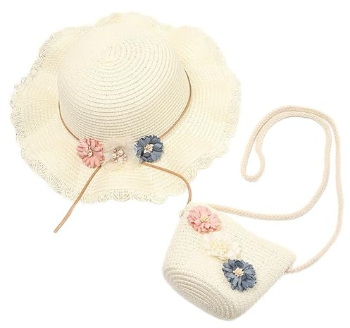 HIMKI Chapeau de paille pour fille avec poche - Chapeau de soleil mignon d'été + poche en paille pour fille - Chapeau de voyage avec décoration florale pour vacances, voyage, plein air, tour de tête :