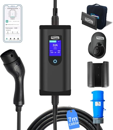 Andalung VPC-B2-32AC 7 kW Caricatore EV Portatile Monofase con App Wi-Fi | Corrente regolabile 6-32 A, cavo da 7 m, uso offline, spina CEE blu, connettore Tipo 2 e protezione IP65 per veicoli PHEV