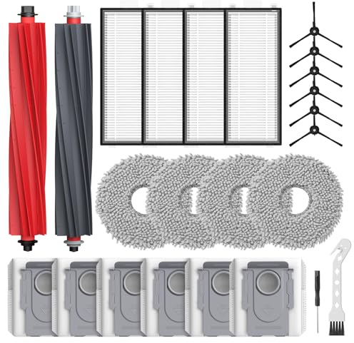 Pack de 24 accessoires Qrevo Master compatibles avec robot aspirateur Roborock Qrevo Master/Qrevo Slim, 2 brosses rouleaux, 4 filtres HEPA, 6 sacs à poussière, 4 lingettes, 6 brosses latérales