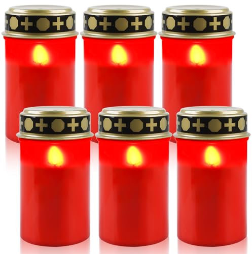 GAOUTO 6 velas LED para tumba, 7 x 12,3 cm, resistentes al agua, para cementerio, funciona con pilas (no incluidas), para exteriores (rojo)