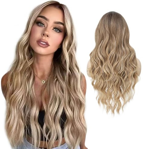 DKDDSSS Lunghe Parrucche Ondulate Ombre Parrucche Bionde Scure per Donne, Parrucca Ondulata Lunga Marrone Resistente al Calore Parrucca Sintetica per Quotidiano Partito Cosplay - 24 Pollici