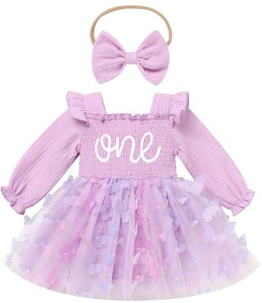 Odizli Vestito da bambina per il 1° compleanno, a maniche lunghe, con ricamo a farfalla, fiore, in tulle + fascia