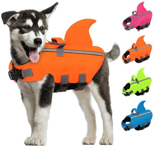 AOFITEE Giubbotto di salvataggio per cani medio squalo, regolabile per cani, squalo con manico di salvataggio, riflettente, per cani di media taglia