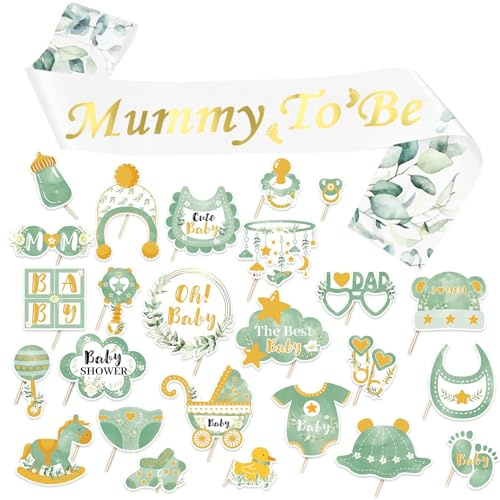 Mummy to Be Sash with 25Pcs Baby Shower Photo Props Newborn Party Decoration Supplies Mum to be Gifts for Baby Shower Party Decorations